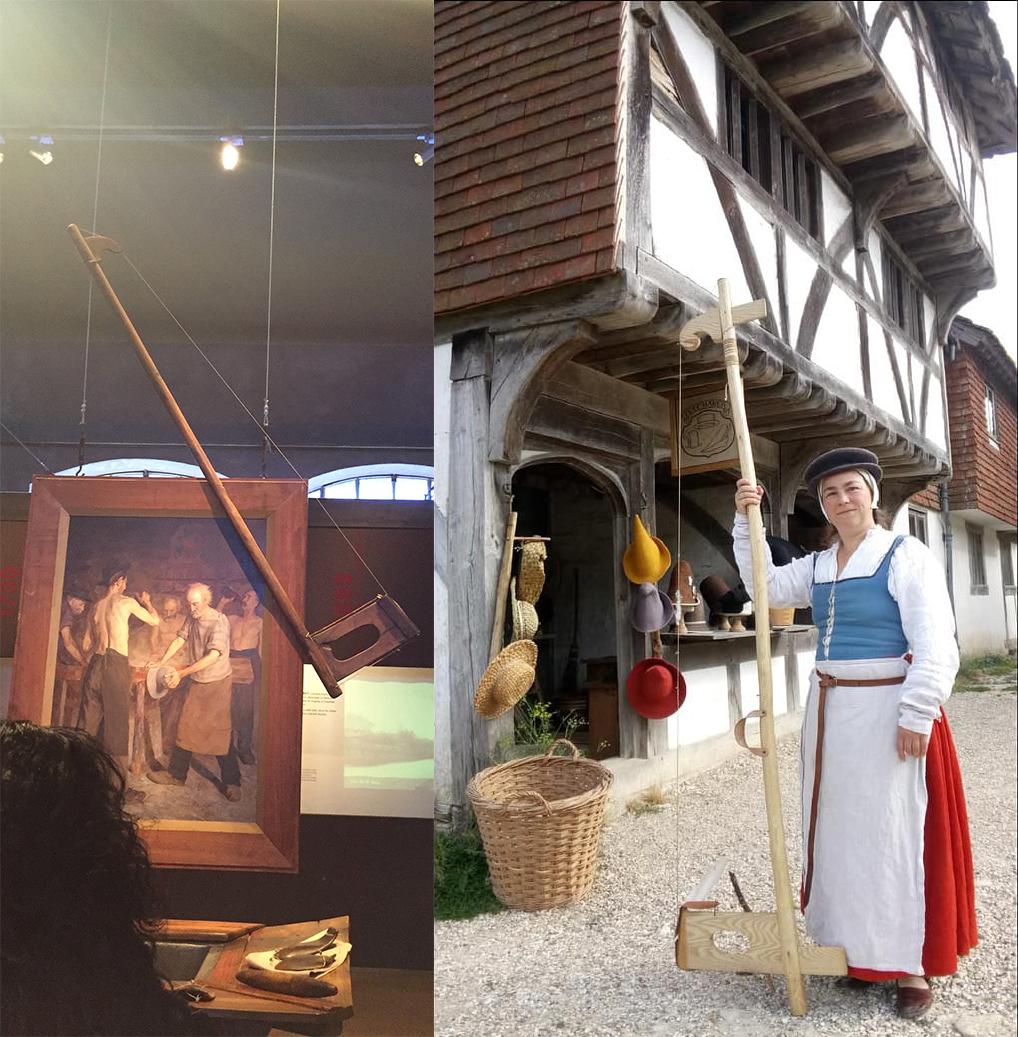 An original felting bow at the Musée du Chapeau and Rachel Frost with her reconstructed bow